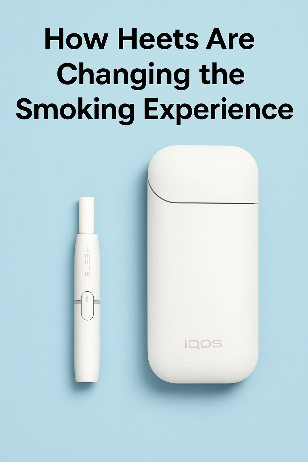 IQOS device and HEETS stick on blue background with title.